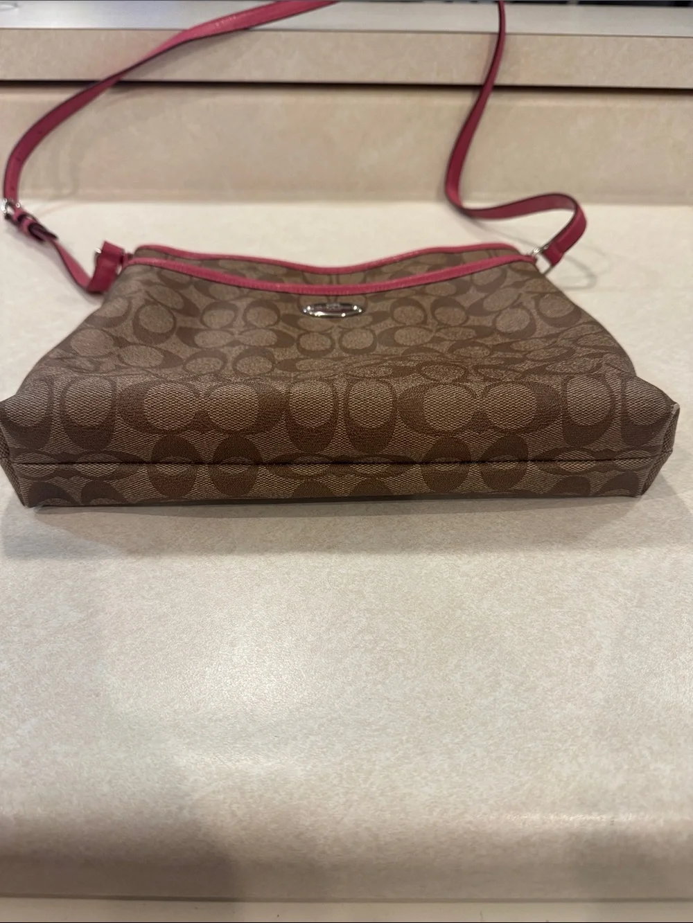 Coach Brown Signature Crossbody with Pink Trim and Strap